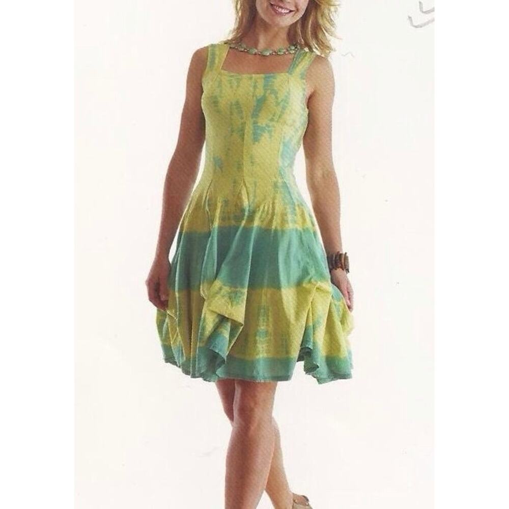 Luna Luz Green Tie-Dye Sleeveless Sundress Size Small S Cotton Boho Artsy Yellow